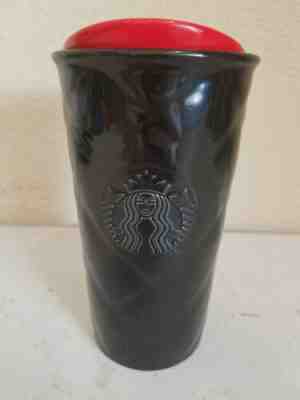EUC STARBUCKS 2015 BLACK CERAMIC QUILTED COFFEE/TEA TUMBLER 10 OZ SIREN RED TOP - Sold on eBay Jun, 23rd 2019 for $22.99
