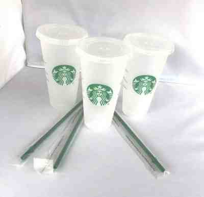 3 Starbucks Reusable Frosted Plastic Venti Cold Cup Tumblers 3 Green Straws NEW - Sold on eBay Jun, 22nd 2019 for $27.30