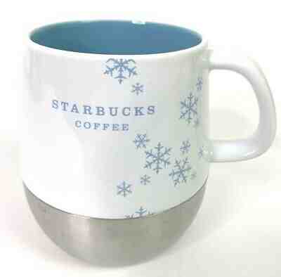 Starbucks Coffee Mug Holiday 2007 White Stainless Base Blue Snowflakes Cup 14 oz - Sold on eBay Jun, 22nd 2019 for $17.88