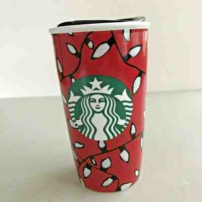 Starbucks Coffee Christmas Lights Ceramic Travel Mug 2016 Red Tumbler Green Logo - Sold on eBay Jun, 22nd 2019 for $18.95