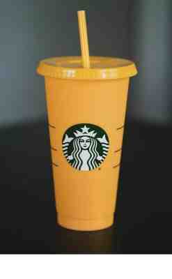 Single Starbucks Reusable COLOR CHANGING 1 Cold Cup 24oz-  Apricot  Tangerine - Sold on eBay Jun, 22nd 2019 for $26.88