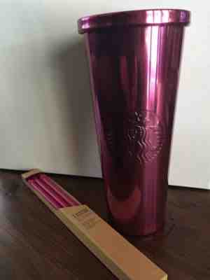 New Venti Starbucks 24 oz Pink Berry Stainless Steel Cold Cup & Pack of 3 Straws - Sold on eBay Jun, 21st 2019 for $46.99