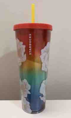 NEW 2019 STARBUCKS COLD CUP FLORAL BLUE WHITE YELLOW RED RAINBOW TUMBLER 24 fl - Sold on eBay Jun, 20th 2019 for $29.95