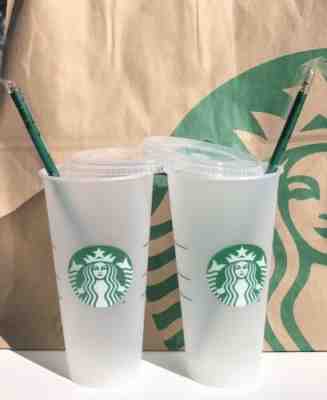 2 Starbucks Reusable Venti 24 fl oz Frosted Ice Cold Drink Cup  - Sold on eBay Jun, 26th 2019 for $18.99