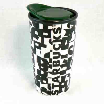 Starbucks 2014 Black White Lettering Dot Collection Ceramic Travel Mug Tumbler - Sold on eBay Jun, 25th 2019 for $17.99