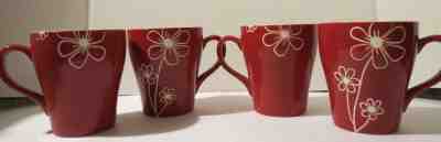 STARBUCKS ~ SET OF 4 MUGS ~ RED WITH WHITE EMBOSSED FLOWERS ~ 2007 ~ 15 oz ~SET  - Sold on eBay Jun, 25th 2019 for $61.82