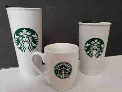3 STARBUCKS Ceramic Travel Tumbler Mug Cup w Tops Mermaid Logo  - Sold on eBay Jun, 25th 2019 for $15.99