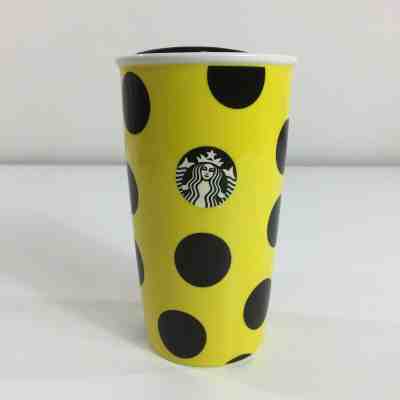 Starbucks Ceramic Yellow & Black Polka Dot Traveler Coffee Mug Tumbler 12oz - Sold on eBay Jun, 24th 2019 for $32.94