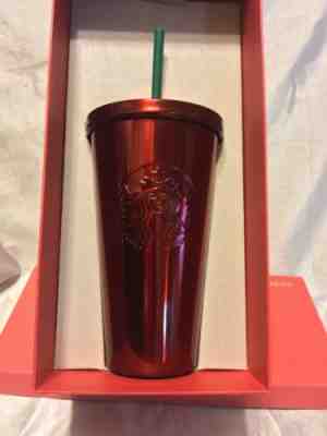 Starbucks NEW Stainless Steel Red Cold Cup Tumbler W/ Green Plastic Straw 16 Oz - Sold on eBay Jun, 28th 2019 for $17.00