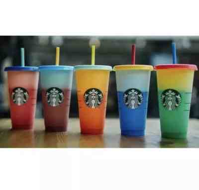 NEW Starbucks COLOR CHANGING Cold Cup Tumblers 24oz Venti SET 5 Cups Lids Straws - Sold on eBay Jun, 28th 2019 for $79.00
