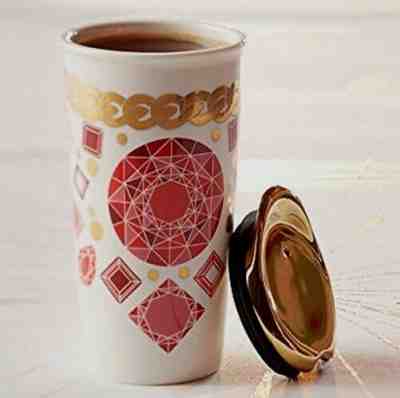 NWT Starbucks 2014 Ceramic Tumbler 12oz Red Jewel Gold Lid Ruby Gems Coffee Cup - Sold on eBay Jun, 28th 2019 for $69.99