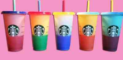 Starbucks Color Changing Cold Cups Set of 5 Venti Size Straws Lids Reusable New - Sold on eBay Jul, 3rd 2019 for $101.99