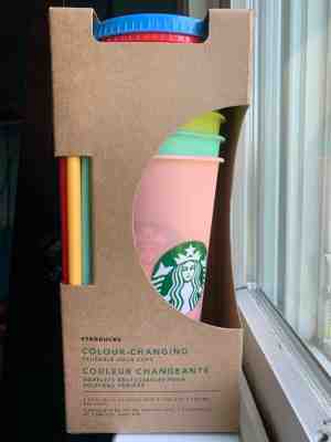 New Starbucks Colour Changing Reusable Cold Cups Set of 5 Cups, Straws and Lids  - Sold on eBay Jul, 3rd 2019 for $72.10
