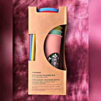 Starbucks Color Changing Reusable Cold Cup Tumbler Pack of 5 w/ Lids Straws 24oz - Sold on eBay Jul, 3rd 2019 for $60.00