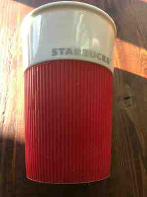 Starbucks Ceramic Travel Mug White Cup with Red Silicone Sleeve, Ribbed. 8 Ounce - Sold on eBay Jul, 2nd 2019 for $19.95