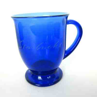 Starbucks Cobalt Blue Glass Coffee Cup Mug 16oz Pedestal Etched Cursive Footed - Sold on eBay Jul, 2nd 2019 for $17.99