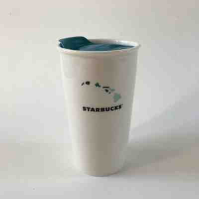 Starbucks Coffee 2014 Hawaii White Ceramic Tumbler Traveler 12 oz. Teal Lid Rare - Sold on eBay Jul, 2nd 2019 for $35.00