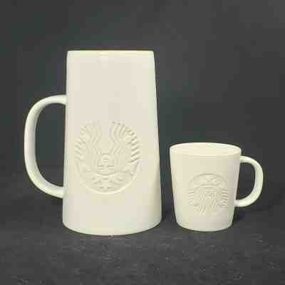 Starbucks Coffee White Etched Siren Mermaid 16 oz Mug & 3 oz Espresso Cup 2014 - Sold on eBay Jul, 2nd 2019 for $34.95