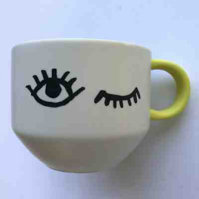 STARBUCKS 2017 WINK Ceramic 14oz Coffee Mug~Yellow Handle Girl's Winking Eye Cup - Sold on eBay Jun, 30th 2019 for $19.84