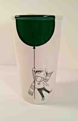 Starbucks Ceramic Travel Tumbler Mug Boy Green Balloon 12 oz Cup Lid White 2014 - Sold on eBay Jun, 30th 2019 for $24.97