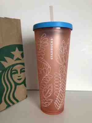 STARBUCKS Cold Cup Palm Leaves Floral Pink White Tumbler Blue Lid 24 fl EUC - Sold on eBay Jun, 30th 2019 for $16.00