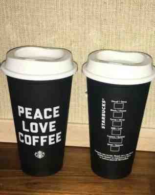 2 New Starbucks Black Coffee Cup PEACE LOVE COFFEE 16oz Reusable Cups - Sold on eBay Jun, 29th 2019 for $22.00