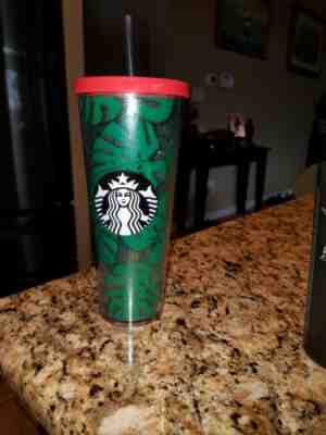 Starbucks 2017 Metallic Green and Coral Tumbler - 24 OZ Palm Leaves and Lace - Sold on eBay Jun, 29th 2019 for $17.00