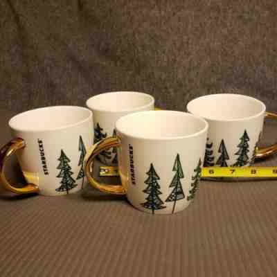 Lot of 4 * STARBUCKS 2015  coffee mug Cup Pine Christmas Trees Gold Handle 14oz - Sold on eBay Jun, 29th 2019 for $18.00
