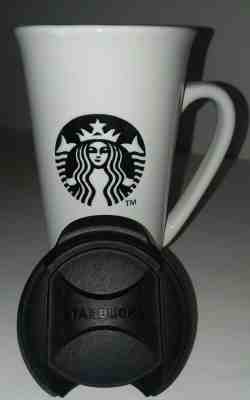 Starbucks 2013 White Travel Coffee Cup Mug Black Mermaid Logo 16 oz 6" Tall Lid - Sold on eBay Jun, 28th 2019 for $20.00