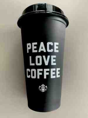NEW Starbucks '18 Black PEACE LOVE COFFEE 16oz Reusable To Go Cup & Lid No BPA - Sold on eBay Jul, 4th 2019 for $15.50