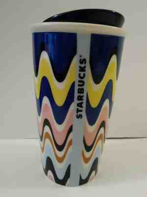 STARBUCKS WAVE SWIRL ZIG ZAG BLUE TRAVEL MUG CERAMIC TUMBLER 12 FL OZ - Sold on eBay Jul, 12th 2019 for $22.99