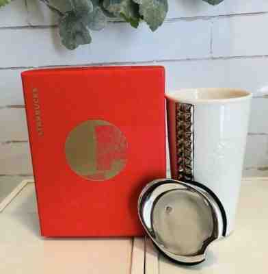 Starbucks White Silver Lid Ceramic Studded Travel Mug Cup Mermaid Logo New InBox - Sold on eBay Jul, 11th 2019 for $49.99