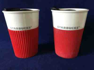 Pair of 2011 STARBUCKS Red Rubber Sleeve Travel Coffee Mug / Tea Cup SHIPS FREE - Sold on eBay Jul, 11th 2019 for $24.99