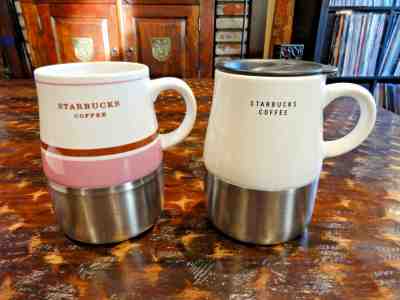 Starbucks 14 oz. Heat Insulated Travel Coffee Mug Tumbler Pink SET 2006 2005 - Sold on eBay Jul, 10th 2019 for $30.00