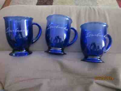 Starbucks Coffee Cups Anchor Hocking Cobalt Blue Glass Pedestal Mugs Set Of 3 - Sold on eBay Jul, 9th 2019 for $24.99