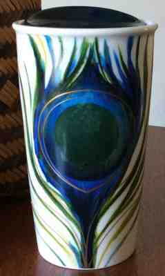 2015 STARBUCKS Coffee Peacock Feather Travel Cup Mug Ceramic Lid 12 oz  - Sold on eBay Jul, 9th 2019 for $24.99