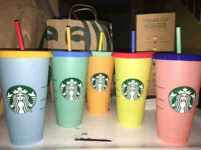 Brand New Starbucks Set of 5 color changing  24oz/Venti cold drink cups  - Sold on eBay Jul, 9th 2019 for $72.00