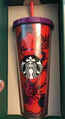 Starbucks Floral Cold Cup Tumbler Purple Red Flowers 24 fl oz - Sold on eBay Jul, 8th 2019 for $19.99