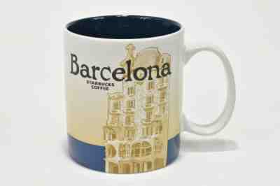 Starbucks Barcelona Mug, 16 oz Ceramic, White and Blue Cityscape 2013 Retired