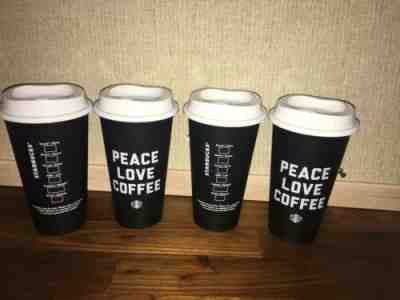 4 New Starbucks Black Coffee Cup PEACE LOVE COFFEE 16oz Reusable Cups - Sold on eBay Jul, 6th 2019 for $50.00
