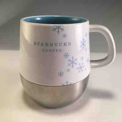 Starbucks Coffee Mug Holiday 2007 White Stainless Base Blue Snowflakes Cup 14 oz - Sold on eBay Jul, 6th 2019 for $17.90