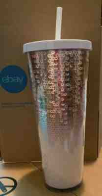 Starbucks Rose Gold Silver Sequin Venti Cold Cup Tumbler 24 Oz Holiday 2018 - Sold on eBay Jul, 6th 2019 for $40.00