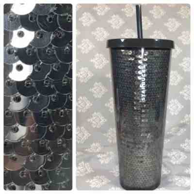 NEW Starbucks Black Sequin Cold Cup Tumbler (24oz) Holiday 2018 Cup - Sold on eBay Jul, 6th 2019 for $18.00