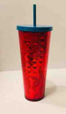 Starbucks 24 oz Cold Tumbler Red w/ Floral & Berry Pattern Poinsettia Straw - Sold on eBay Jul, 6th 2019 for $22.88