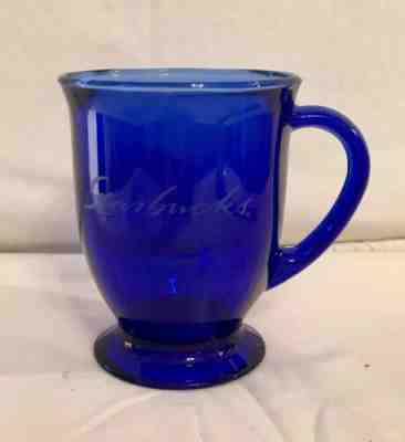Starbucks Cobalt Blue Glass Coffee Cup Mug 16oz Pedestal Etched Cursive Footed - Sold on eBay Jul, 5th 2019 for $19.99