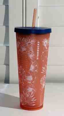 NEW 2019 STARBUCKS COLD CUP DESSERT FLORAL CACTUS BLUE PINK WHITE TUMBLER 24 fl - Sold on eBay Jul, 5th 2019 for $19.99