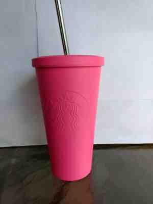 Starbucks Stainless Steel Matte Hot Pink 16 oz Tumbler 2014 With Metallic straw - Sold on eBay Jul, 5th 2019 for $18.00
