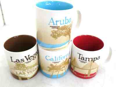 Lot of 4 Tampa, California, Aruba, Las Vegas Starbucks Mugs 16 Fl Oz 