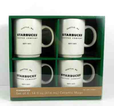 4 Starbucks Coffee Co. Est’d. 1971 White Ceramic Mugs 14 oz. Gift Pack - Sold on eBay Jul, 14th 2019 for $21.95