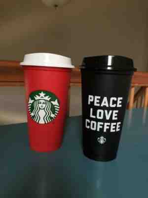 Lot of 2 Starbucks 2018 Peace Love Coffee & Red Reusable Cups NEW 16oz - Sold on eBay Jul, 14th 2019 for $22.99